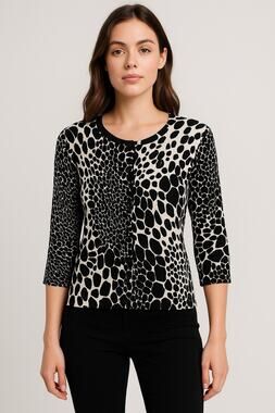 Venue Animal Print Button Cardigan Women’s L Black White Stretch Knit